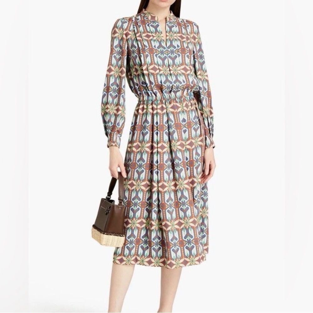 Tory Burch Garden Maze Printed Pleated Midi Dress Size 2